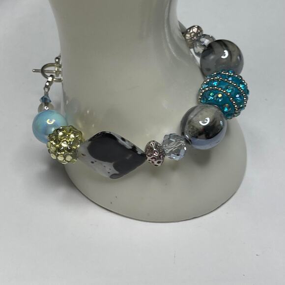 bracelet chunky beaded silver tone with turquoise blue toggle clasp artisan poss - Picture 3 of 16